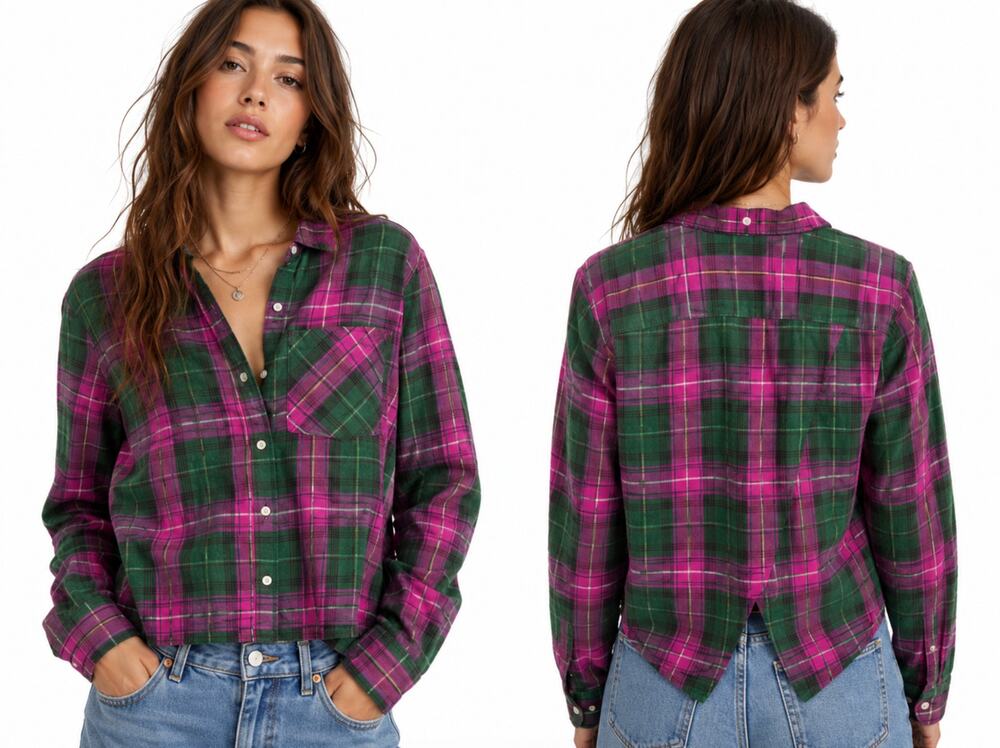 Current/Elliot Women’s Plaid Button Up Shirt Pink Green Fray Hem S Quiet Luxury